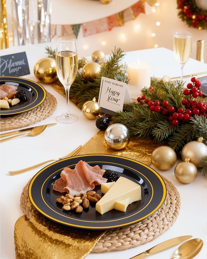 bUCLA 100 Pieces Black and Gold Plastic Dinner Plates - 10.25 inch Black Disposable Plates with Gold Rim - Ideal for Party, Graduation & New Year