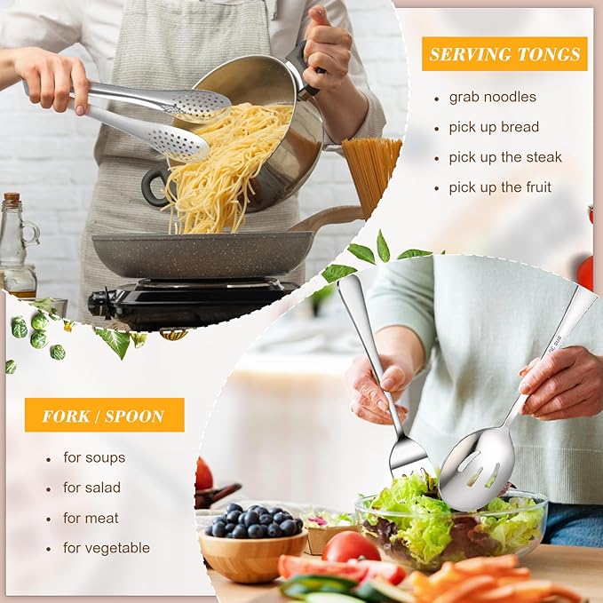 Dualshine 10PCS 18/8 Stainless Steel Serving Utensils Set for Parties, Kitchen Serving Tools-Include Serving Spoons, Slotted Spoons, Serving Forks Tongs Soup Ladle, Cake Pie Server for Buffet, Wedding