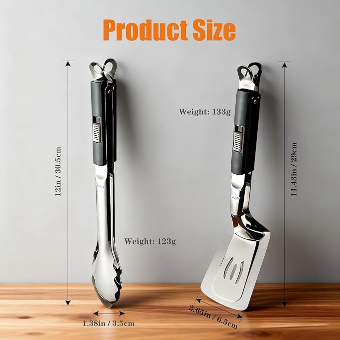2-in-1 Stainless Steel Grill Clamp & Spatula Tongs ??Heavy Duty BBQ Cooking Utensil with Secure Sliding Lock Handle, for Grilling, Flipping, Serving ??Outdoor & Indoor Kitchen Tool Set (2 Pcs) (Black)