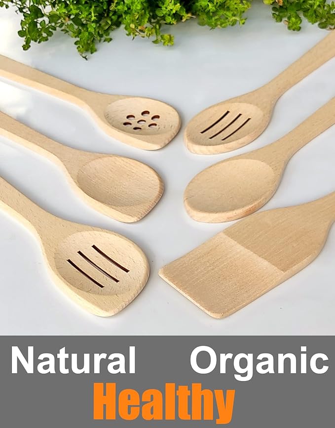 ECOSALL Healthy Wooden Spoons For Cooking Set of 6. Safe and Reliable Cooking Utensils for Kitchen ??100% Natural Nonstick Wood Spatula Spoon For Scraping, Stirring, Serving ??Uncoated Solid Hardwood
