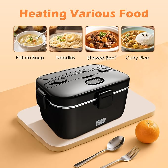 COZYEXPERT Electric-Lunch-Box-Heated-Food-Warmer 100W Heating Lunchbox for Adults 1.8L Portable Food Heater for Work/Car, 12V/24V/110-230V Lonchera El챕ctrica Port찼til with Fork Spoon (Black)