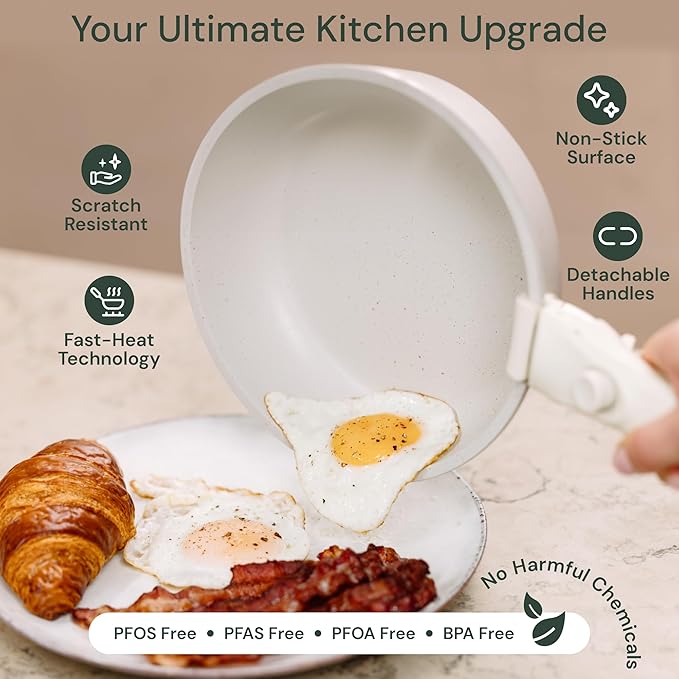 15-Piece White Granite Nonstick Cookware Set ??Detachable Handles & Tempered Glass Lids ??Stackable & Cool-Touch - Induction & Oven Safe to 480째F - Scratch-Resistant, PFOA & PFOS-Free