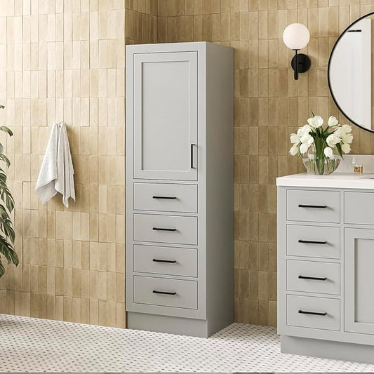 ARIEL Hepburn Bathroom Storage Cabinet - Solid Hevea Wood and Fully Assembled for Long-Lasting Durability and Sophisticated Finish, Freestanding Linen Bathroom Cabinet - 65?쒱 x 20?쓂 x 16?쒭, Grey