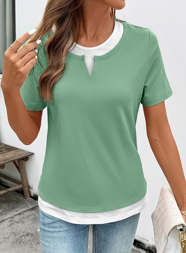 SHEWIN Womens Tops Casual Crewneck Color Block Short Sleeve Mock Double Layer T-Shirt Summer Outfits for Women 2026