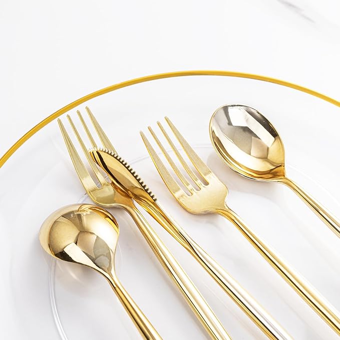 LIYH 360 Pcs Gold Plastic Silverware - Elegant Gold Silverware Disposable Utensils Set for Weddings, Parties & Events - Includes Forks, Spoons, Knives, Cutlery Tableware
