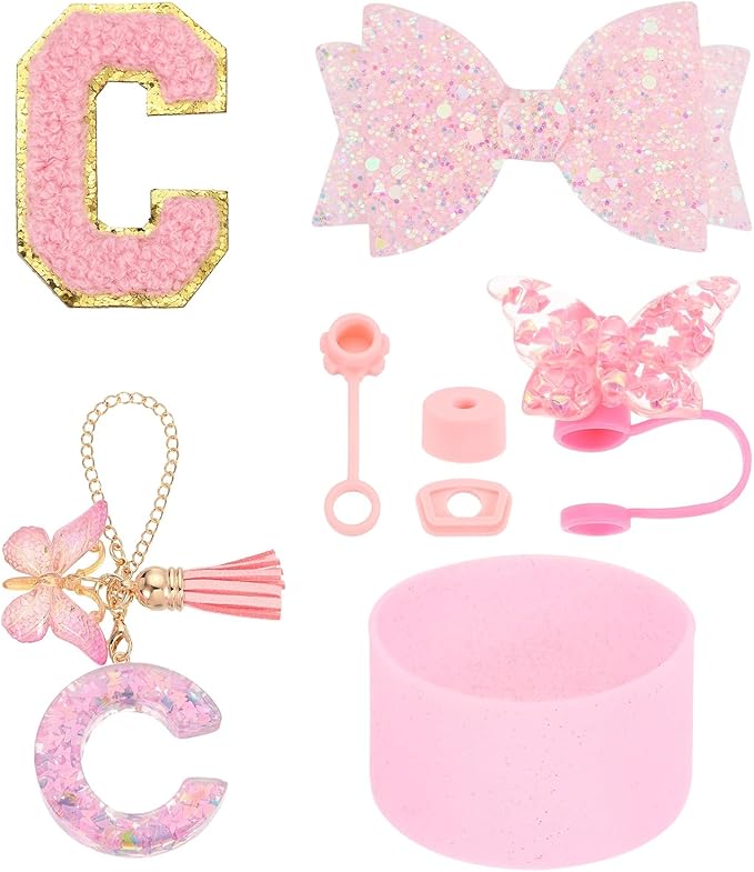 uxcell 8Pcs Cup Accessories Set for Cup Tumbler with Handle, Including Silicone Straw Cover, Boot, Spill Proof Stopper, Handle Charm, Initials Sticker(Letter C, Pink)