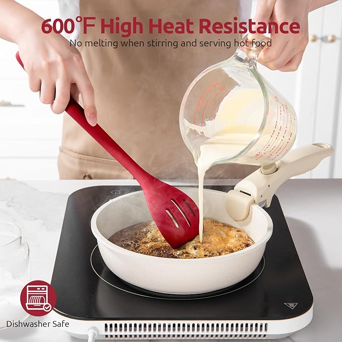 600쨘F Heat Resistant Silicone Spoons: U-Taste 13.3in Solid & Slotted Kitchen Cooking Spoon, Nonstick Long Rubber Utensil, Sturdy for Mixing, Serving, Stirring, Frying, Draining (Red, 2PCS)