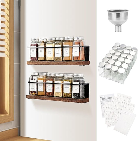 Magnetic Spice Rack Organizer with 12 Jars, 216 Labels, 1 Steel Funnel for Refrigerator竊똌icrowave Oven - Full Set of Seasoning Organizer, Kitchen Gadgets