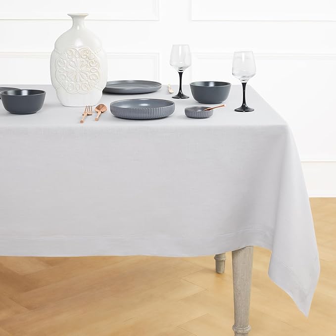 Solino Home Linen Tablecloth for Rectangle Tables 60 x 108 Inch - 100% Pure Linen Silver Cloud Table Cloth - Fete, Machine Washable Cloth Tablecloth for Winter