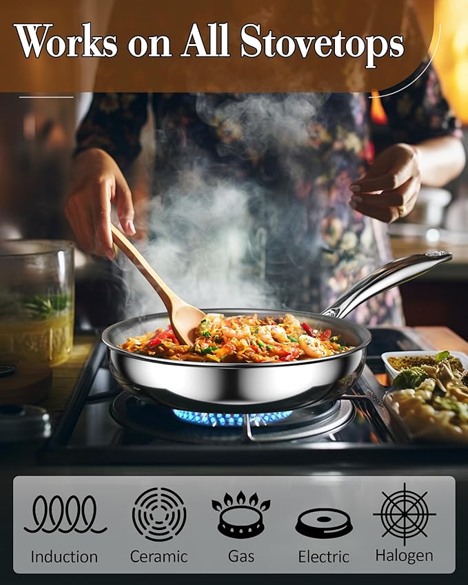 Cook N Home 10-inch Stainless Steel Frying Pan, Tri-Ply Clad 18/10 Stainless Steel Skillet Saut챕 Cooking Fry Pan, Induction Cookware, Silver