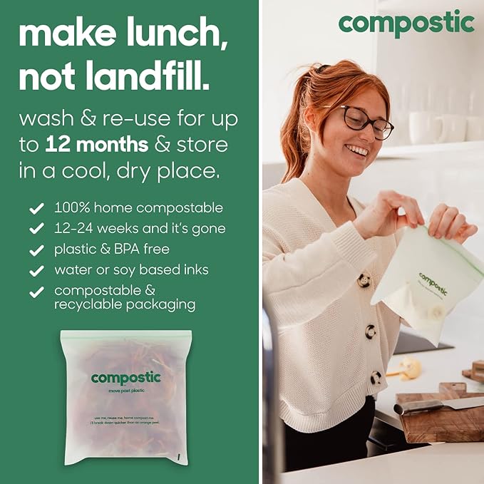 Compostic Home Compostable Resealable Gallon Bags, Microwave & Freezer Safe, Organic Food Storage Container, 90 Count + 10 Bonus Bags