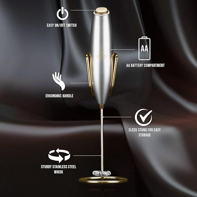 Zulay Kitchen Executive Series Luxury Gift Milk Frother with 4 Duracell Batteries ??Handheld Electric Foam Maker for Coffee, Lattes & Hot Chocolate ??Deluxe Finish, Ultimate Gift for Coffee Lovers