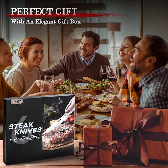 Huusk Serrated Steak Knives Set - 4.5" Japanese Stainless Steel Steak Knives Set of 6, Sharp Dishwasher Safe Dinner Knife for Kitchen Table with Gift Box, Christmas Gifts for Men Women