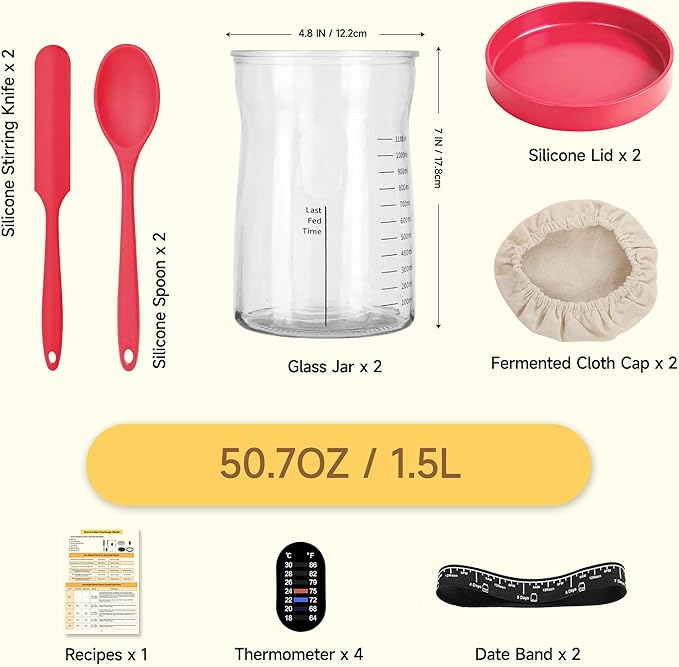 Pro Sourdough Starter Kit- 50oz Large Capacity Sourdough Starter Jar, 17 Flavorful Fermentation Recipes, Sourdough Bread Baking Supplies for Making Delicious Sourdough Breads(Red, 2Set)