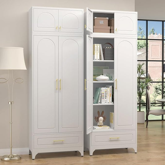 Kitchen Pantry Cabinet竊?0" Storage Cabinets with Doors and Shelves,Metal Pantry Cabinet with Drawers,White Kitchen Cupboard for Livingroom,Pantry, Bathroom
