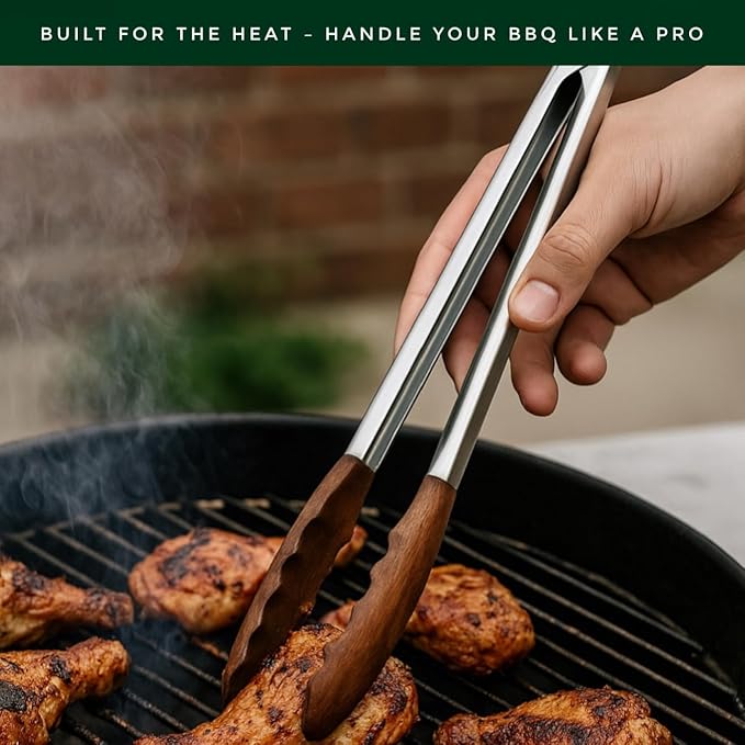 Walnut Wood Kitchen Tongs ??12-Inch Nonstick-Safe Wooden Salad & Grill Tongs for Cooking, Serving, BBQ, and Tossing Salad ??Durable Stainless Steel Core with Natural Wooden Tips