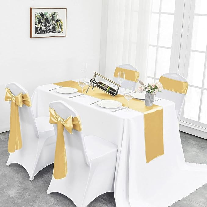 4-Pack Light Gold Satin Table Runner 12 x 108 Inch Long Bright and Smooth Silk Fabric Table Runner for Wedding Banquet Birthday Party Decoration