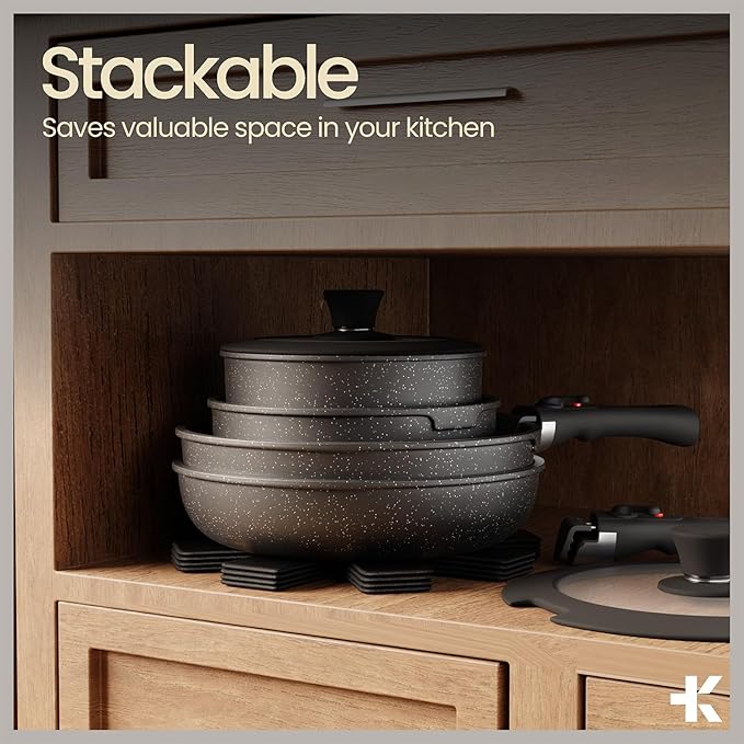 Pots & Pans Set Non Stick Ceramic-Granite ??15-Piece Cookware with Detachable Handles, Stackable Space-Saving, Dishwasher Safe, Oven & All-Stove Safe, Tempered Glass Lids, Black Granite