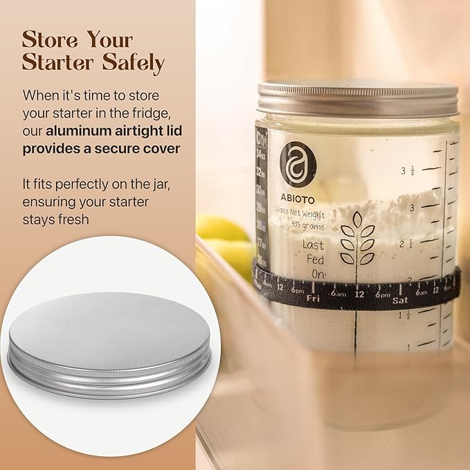 Sourdough Starter Jar Kit, Includes 34 oz Sourdough Starter Jar with Metallic Lid, Silicone Spatula, Feeding Tracker, Extra Thermometer Strips & Breathable Covers ??Sourdough Bread Starter Kit