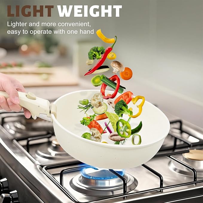 Numola 10 pcs Pots and Pan Set Non Stick with Detachable Handle, Ceramic Cookware Set for Stackable, Induction Kitchen Cookware Set for RV, Dishwasher 竊?Oven Safe, Cream White
