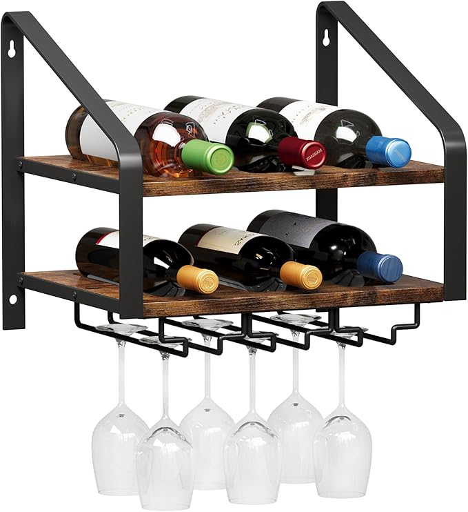 Wall Mounted Wine Rack for 6 Wine Bottles and 6 Glass Holder, 2-Tier Wall Wine Rack, Wood Wine Racks for Wall, Wood-Metal Wine Bottle Holder for Home Bar, Wine Kitchen Storage (Brown Black)