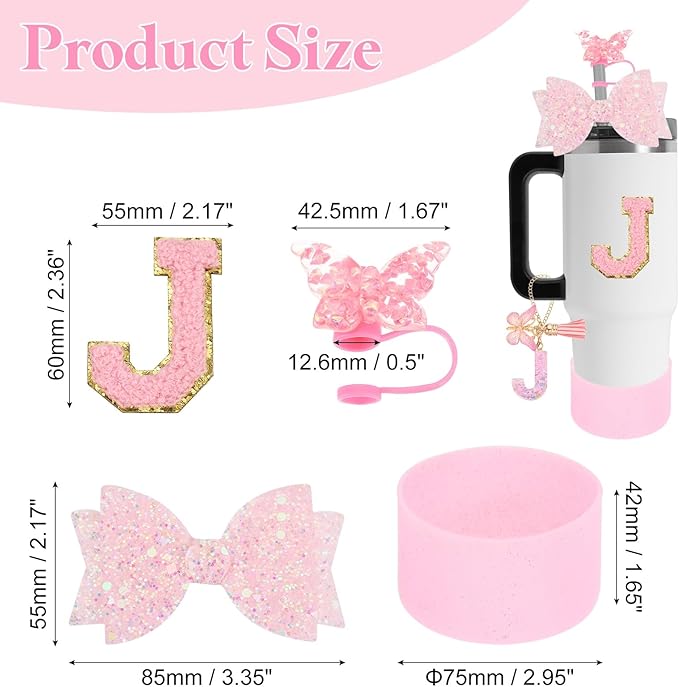 uxcell 8Pcs Cup Accessories Set for Cup Tumbler with Handle, Including Silicone Straw Cover, Boot, Spill Proof Stopper, Handle Charm, Initials Sticker(Letter J, Pink)