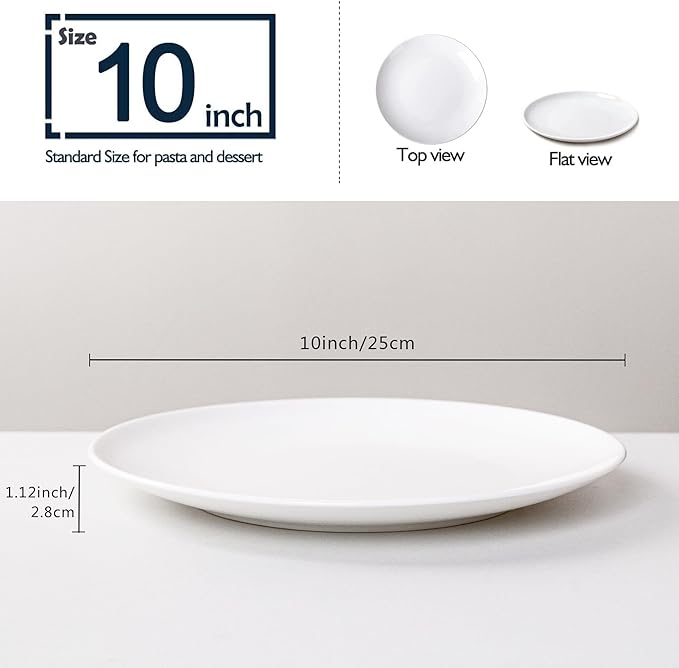 White Dinner Plates Set of 6, 10 Inch Ceramic Plates ??White Porcelain Dinner Plates for Kitchen, Serving & Everyday Use, Microwave & Dishwasher Safe