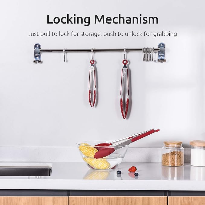 U-Taste Kitchen Tongs, 7/9/12 inches Cooking Tongs, with 600쨘F High Heat-Resistant Non-Stick Silicone Tips, 18/8 Stainless Steel Handle, for Food Grill, Salad, BBQ, Frying, Serving, Pack of 3(Red)