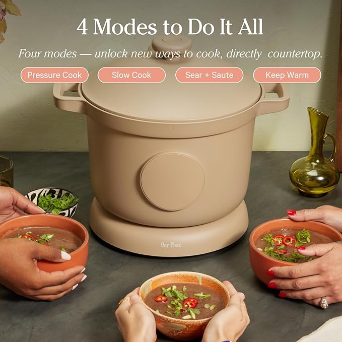 Our Place Dream Cooker | 6 Qt Ceramic Nonstick Multicooker & Pressure Cooker with Touchscreen Controls & Auto Steam Release | 4 Modes: Pressure Cook, Saut챕/Sear, Slow Cook & Warm | Steam