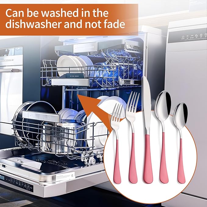 20 Piece Pink 18/0 Flatware Utensil Set for 4, Include Dinner Knife,Dinner Forks,Dinner Spoons,Salad Forks,Teaspoons,Silverware Set for 4, Dishwasher Safe