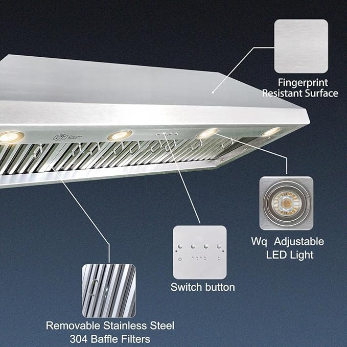 CT Copper Tailor Copper Vent Hood Wall Mount,42'' W,36''H, 1150 CFM Exhaust Fan,Stainless Steel Vent,LED Light,Dishwasher-Safe Baffle Filters,Heavy Hammered-Dark Patina,VH3A