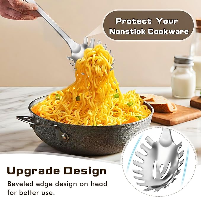 3 Pcs Stainless Steel Cooking Utensils Set, Heat Resistant Kitchen Utensils, Metal Kitchen Tools Include Solid & Slotted Spoon, Pasta Server, Ergonomic Handle, Dishwasher Safe, Easy to Clean, Silver