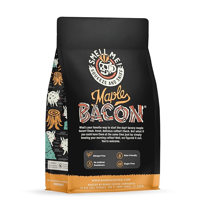 Bones Coffee Company Maple Bacon, Bacon and Maple Syrup Flavored Coffee, Medium Roast Low Acid Arabica Beans Compatible with Auto drip and French Press Coffee Maker, 12 Oz Ground