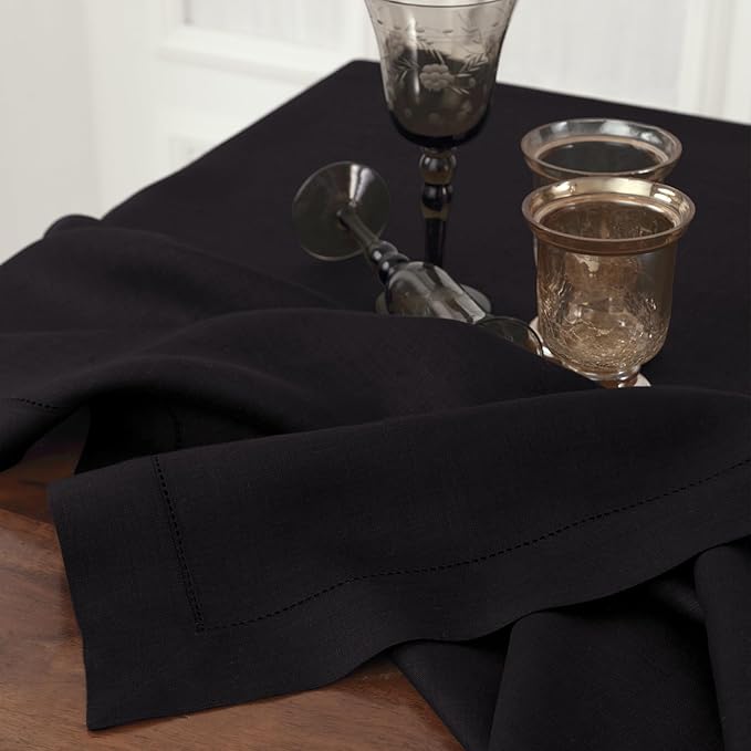 Solino Home Linen Tablecloth 60 x 108 Inch - Classic Hemstitch 100% Pure Linen Black Table Cloth for Rectangle Tables - Machine Washable Tablecloth for Winter, Spring, Easter