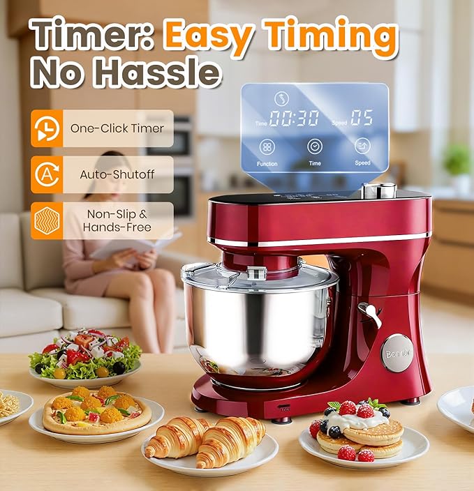 Stand Mixer 6QT Kitchen Mixer with LED Smart Touchscreen, 11-Speed Tilt-Head Mixer with Timer, 4 Preset Menus, Stainless Steel Bowl, Dough Hook, Whisk, Beater,Red