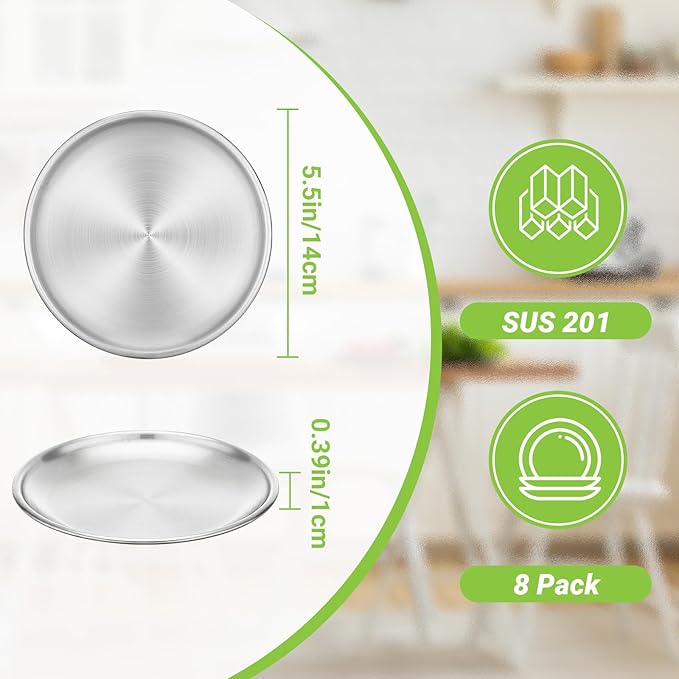 Stainless Steel Plates, 8 Pack 5.5 inch Mini 201 Metal Food Serving Plate Set, Reusable Snack Eating Dishes Round Shatterproof Silver Brushed Finish Dishes for BBQ Dinner Oven Dishwasher Safe