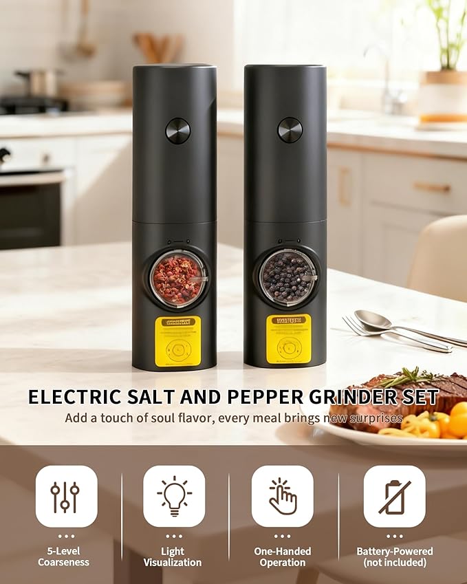 Automatic Salt and Pepper Shakers, Electric Grinder Set with 5 Adjustable Coarseness & LED, Spice Mill One-Hand Operation, Battery Powered, Ideal Gourmet Kitchen Gifts 1 Pack