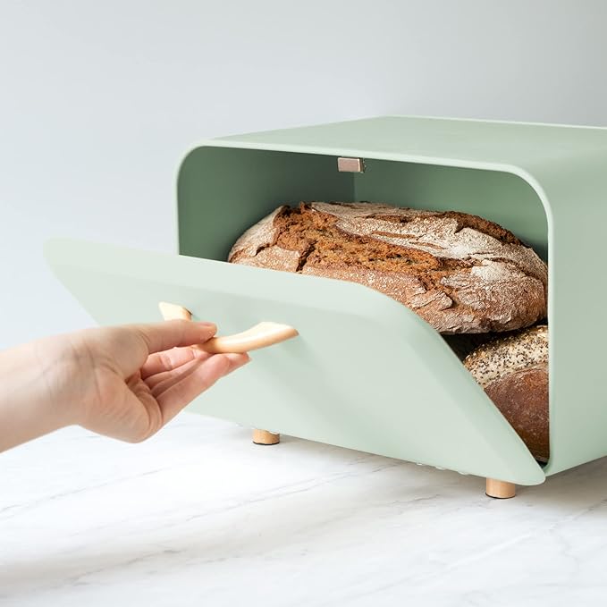 Navaris Bread Box - Metal Bread Bin Storage Tin with Front Opening Drop Down Door for Kitchen Counter or Shelf - Breadbox Container - Mint Green