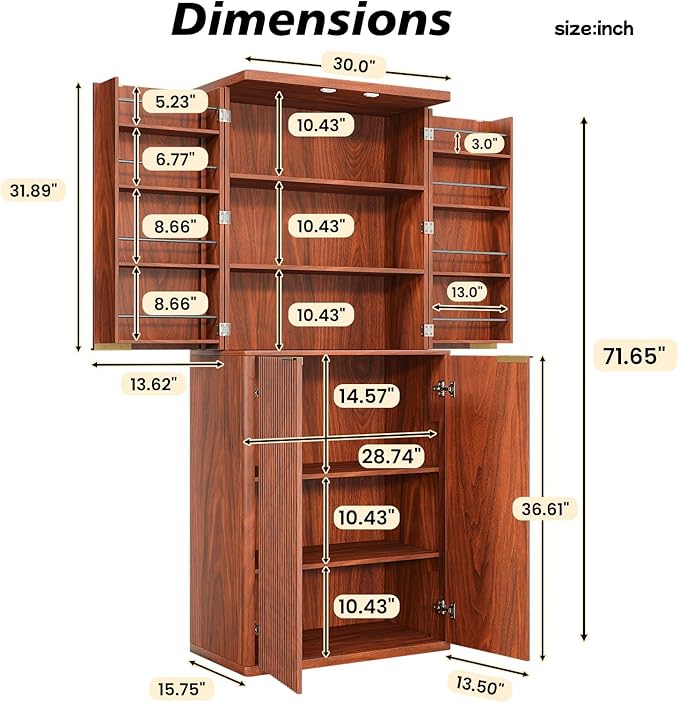 KEIKI 72" Tall Kitchen Pantry Wood Storage Cabinet with 6 Door Shelves Organizer Modern Fluted Cupboard for Kitchen