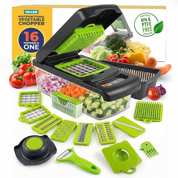 Grazie 16-in-1 Vegetable Chopper with Container ??Multifunctional Food Cutter, Dicer, Slicer, Grater, Peeler ??Essential Kitchen Gadget for Veggies, Fruits & Salad, Easy & No-Mess Meal Prep, Gray