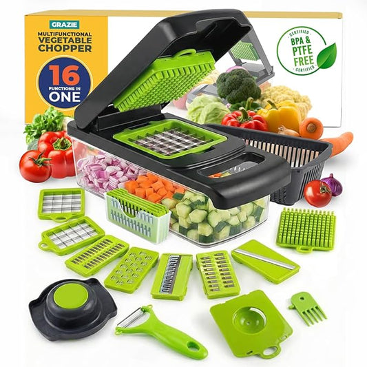 Grazie 16-in-1 Vegetable Chopper with Container ??Multifunctional Food Cutter, Dicer, Slicer, Grater, Peeler ??Essential Kitchen Gadget for Veggies, Fruits & Salad, Easy & No-Mess Meal Prep, Gray