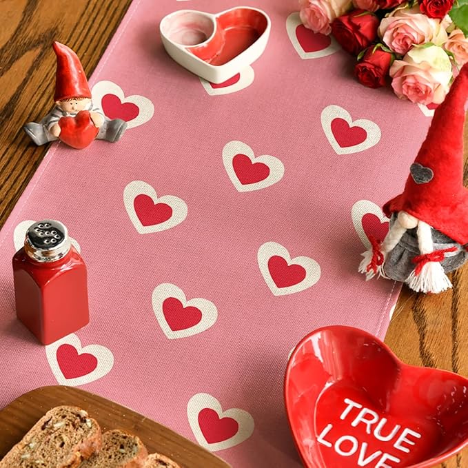 Artoid Mode Pink Love Hearts Valentine's Table Runner, Wedding Kitchen Dining Table Decoration for Home Party Decor 13x72 Inch