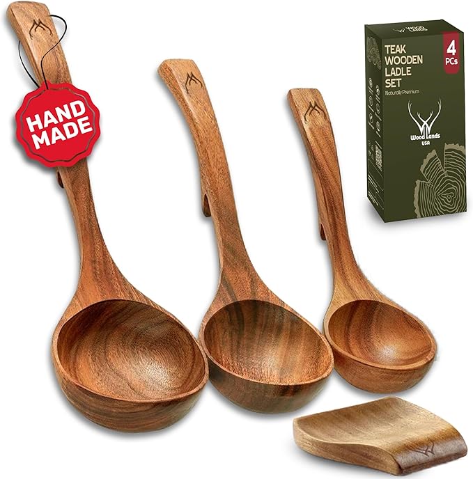 Wooden Ladle Set of 3 Sizes ??Teak Wood Soup Spoons with Hook Handles for Cooking, Serving, Stirring ??Non-Stick Wooden Spoons for Pot & Bowl Use