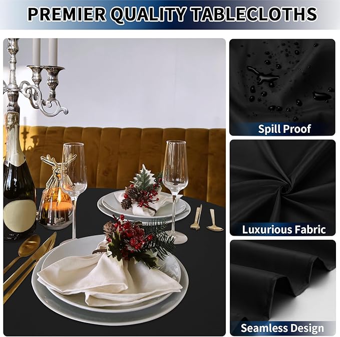 PureFit 6 Pack Round Black Table Cloths 90 Inch for Round Tables, Stain and Wrinkle Resistant Table Linens for Home Use, Wedding, Party, Banquet and Camping