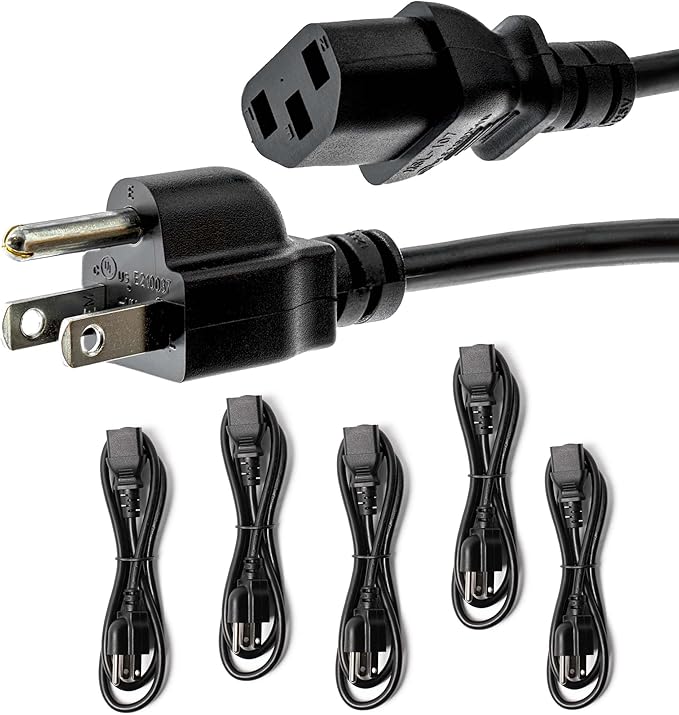 Rebuild Skills 5ft (1.5m) - 5 Pack, Hot Instant Pot Power Cord, Soy Milk Maker, Printer Power Cord, PC Power Supply Cable, Monitor Power Cable, TV Cord - UL Listed NEMA 5-15P to C13, 10A 125V, 18AWG