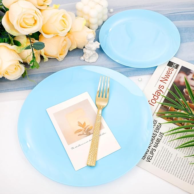 KIRE 60PCS Blue Plastic Plates Disposable - Heavy Duty Light Blue Plates Include 30Pcs 10.25??Dinner Plates and 30Pcs 7.5??for Dessert/Salad in Baby Shower/Picnic