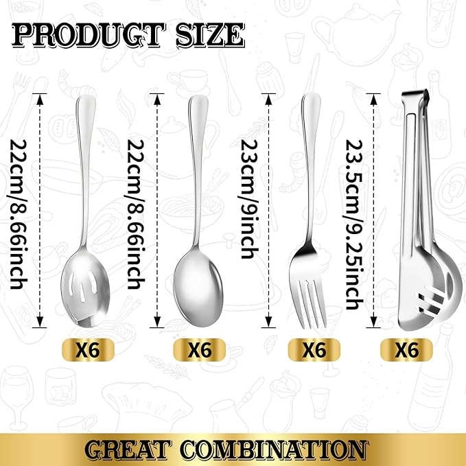 24pcs Serving Utensils Set, Large Stainless Steel Serving Utensils - Durable for Buffets, Dinner Parties, Weddings and Restaurants (Silver)