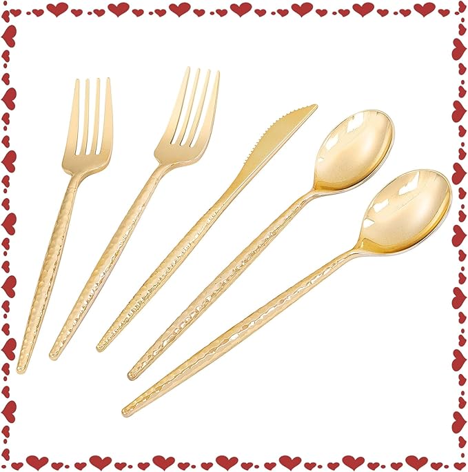 LIYH 102 Pcs Gold Plastic Silverware Cutlery Sets - Disposable Plastic Silverware Heavyduty, Disposable Utensil Sets, 34 of Each Forks, Knives & Spoons Flatware Set for Party Birthday