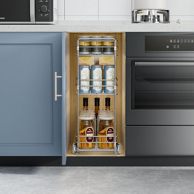 ROOMTEC Pull Out Spice Rack for Narrow Cabinet (5쩍" W X 20쩍" D),3 Tier Slide Out Cabinet Organizer and Pull Out Shelves Under Cabinet Storage for Kitchen, Chrome