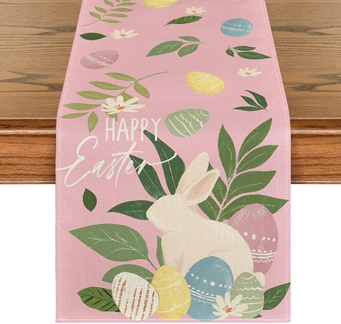 Artoid Mode Pink Bunny Eggs Leaves Flowers 210 GSM Easter Table Runner, Seasonal Spring Kitchen Dining Table Decoration for Home Party Decor 13x90 Inch